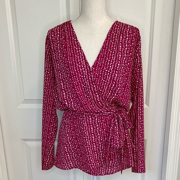 Allison Joy Tops - Allison Joy Dark Pink & White Spotted Long Sleeve Polyester Wrap Blouse Large